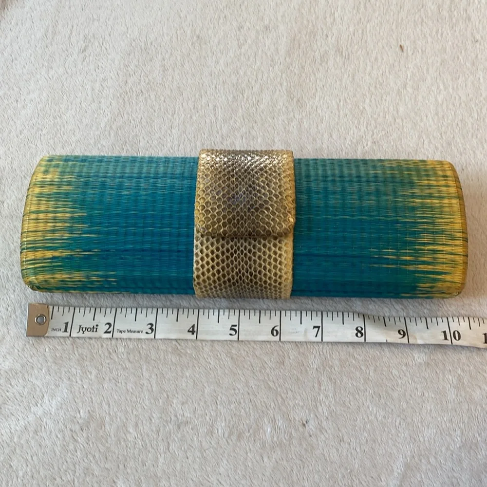 John Carlo Creations snakeskin and ombré turquoise to yellow raffia clutch